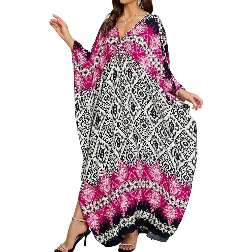 Women's White Rose Diamond V-Neck Batwing Sleeves Summer Cover Up Kaftan Dress